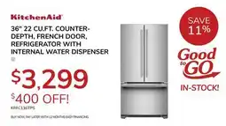 Goemans Appliances KitchenAid 36 22 CU.FT. COUNTER- DEPTH, FRENCH DOOR, REFRIGERATOR WITH INTERNAL WATER DISPENSER offer