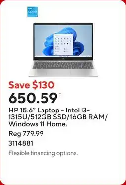 Staples HP 15.6 Laptop - Intel i3-1315U/512GB SSD/16GB RAM/Windows 11 Home offer