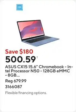 Staples ASUS CX15 15.6 Chromebook - Intel Processor N50 - 128GB eMMC - 8GB RAM - Chrome OS - Fabric Blue offer