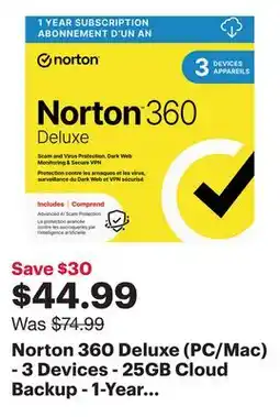 Best Buy Norton 360 Deluxe (PC/Mac) - 3 Devices - 25GB Cloud Backup - 1-Year Subscription - Digital Download offer