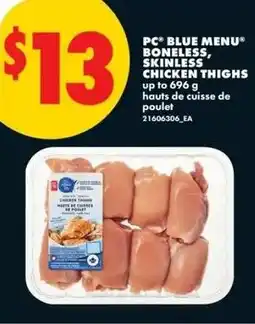 No Frills Pc blue menu boneless skinless chicken thighs offer