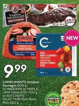 Sobeys Compliments Smoked Sausages, Schneiders or Maple Leaf Hams or Butcher's Selection Pork Back Ribs offer
