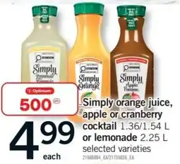 Fortinos Simply orange juice, apple or cranberry cocktail or lemonade offer