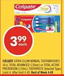 Shoppers Drug Mart Colgate extra clean manual toothbrushes, Total Advanced or Total Active Prevention offer