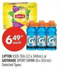 Shoppers Drug Mart Lipton iced tea or gatorade sport drink offer