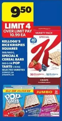 Real Canadian Superstore Kelloggs rice krispies squares special k cereal bars or pop tarts offer