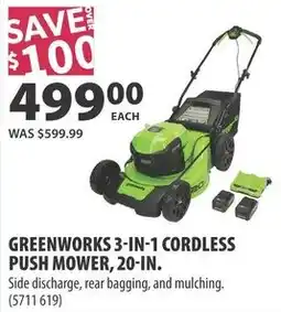 Co-op Greenworks 3-in-1 cordless push mower, 20-in. offer