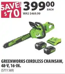Co-op Greenworks cordless chainsaw, 48-V, 16-in. offer