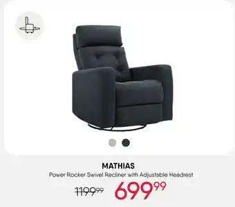 Meubles RD Mathias - Power Rocker Swivel Recliner with Adjustable Headrest offer