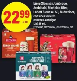 Maxi Bière Sleeman, Unibroue, Archibald, Michelob Ultra, Labatt Bleue ou 50, Budweiser offer