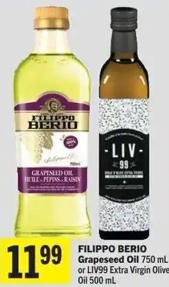 Co-op FILIPPO BERIO Grapeseed Oil or LIV99 Extra Virgin Olive Oil offer