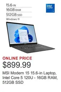 Costco MSI Modern 15 15.6-in Laptop, Intel Core 5 120U - 16GB RAM, 512GB SSD offer