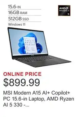 Costco MSI Modern A15 AI+ Copilot+ PC 15.6-in Laptop, AMD Ryzen AI 5 330 - 16GB RAM, 512GB SSD offer