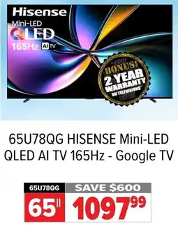 2001 Audio Video 65U78QG HISENSE Mini-LED QLED AI TV 165Hz - Google TV offer