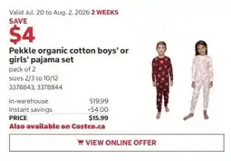 Costco Pekkle organic cotton boys' or girls' pajama set offer