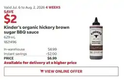 Costco Kinder's organic hickory brown sugar BBQ sauce offer