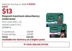 Costco Depend maximum absorbency underwear offer