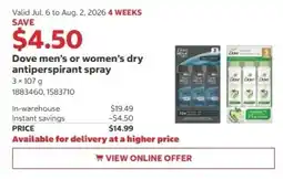 Costco Dove men's or women's dry antiperspirant spray offer