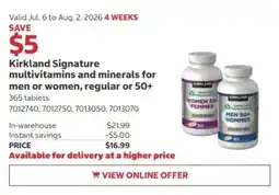 Costco Kirkland Signature multivitamins and minerals for men or women, regular or 50+ offer