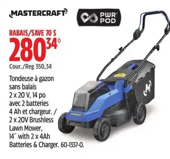 Canadian Tire Mastercraft 2 x 20V Brushless Lawn Mower, 14 with 2 x 4Ah Batteries & Charger offer