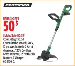 Canadian Tire CERTIFIED 20V Cordless Grass Trimmer, 12 with 2Ah Battery & Charger offer