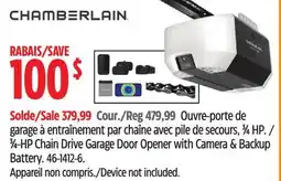 Canadian Tire CHAMBERLAIN ¾-HP Chain Drive Garage Door Opener with Camera & Backup Battery offer