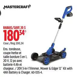 Canadian Tire Mastercraft 20V 3-in-1 Trimmer, Mower & Edger 12 Kit with 4Ah Battery & Charger offer