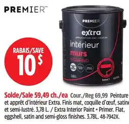 Canadian Tire Premier Extra Interior Paint + Primer. Flat, eggshell, satin and semi-gloss finishes. 3.78L offer