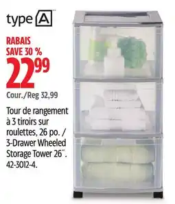Canadian Tire Type A 3-Drawer Wheeled Storage Tower 26˝ offer