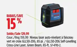 Canadian Tire Bosch GLL50-20G Self-Levelling Cross-Line Laser, Green Beam, 65-ft offer