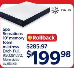 Walmart Zinus Spa Sensations 10 memory foam mattress offer