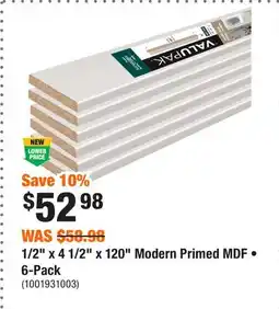 Home Depot 1/2 x 4 1/2 x 120 Modern Primed MDF • 6-Pack offer
