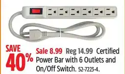 Canadian Tire Certified Power Bar with 6 Outlets and On/Off Switch offer