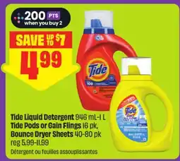 FreshCo Tide Liquid Detergent 946 mL - L Tide Pods or Gain Flings 16 pk, Bounce Dryer Sheets offer