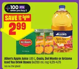 FreshCo Allen's Apple Juice 1.89 L, Oasis, Del Monte or Arizona Iced Tea Drink Boxes offer