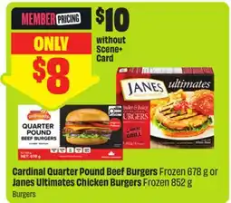 FreshCo Cardinal Quarter Pound Beef Burgers Frozen 678 g Janes Ultimates Chicken Burgers 852 g offer