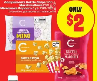 FreshCo Compliments Kettle Chips 200 g, Marshmallows 250 g or Microwave Popcorn 3 pk offer