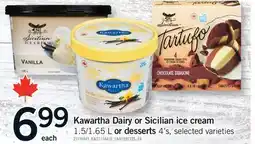 Fortinos KAWARTHA DAIRY OR SICILIAN ICE CREAM, 1.5/1.65 L OR DESSERTS, 4'S offer
