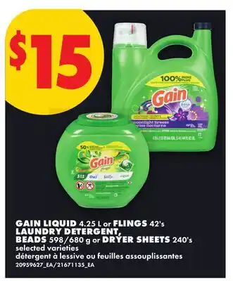 No Frills GAIN LIQUID 4.25 L or FLINGS 42's LAUNDRY DETERGENT, BEADS 598/680 g or DRYER SHEETS 240's offer