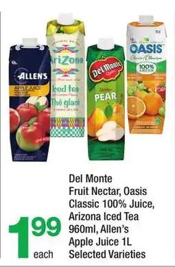 Highland Farms Del Monte Fruit Nectar, Oasis Classic 100% Juice, Arizona Iced Tea 960ml, Allen's Apple Juice 1L offer