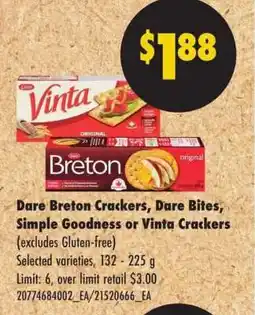 No Frills Dare Breton Crackers, Dare Bites, Simple Goodness or Vinta Crackers offer