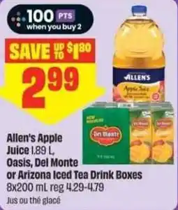 Chalo FreshCo Allen's Apple Juice Oasis, Del Monte or Arizona Iced Tea Drink Boxes offer