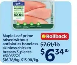 Walmart Maple Leaf prime raised without antibiotics boneless skinless chicken breasts offer