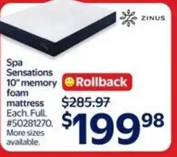Walmart Spa Sensations 10" memory foam mattress offer