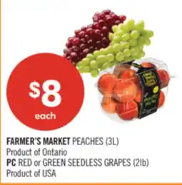 Shoppers Drug Mart FARMER'S MARKET PEACHES (3L) Product of Ontario PC RED or GREEN SEEDLESS GRAPES (2lb) offer