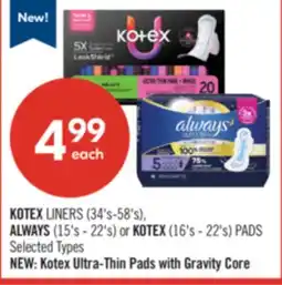 Shoppers Drug Mart KOTEX LINERS (34's-58's), ALWAYS (15's - 22's) or KOTEX (16's - 22's) PADS offer
