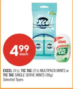 Shoppers Drug Mart EXCEL (4's), TIC TAC (3's) MULTIPACK MINTS or TIC TAC SINGLE SERVE MINTS (98g) offer