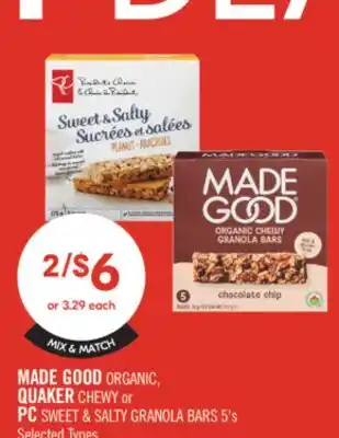 Shoppers Drug Mart MADE GOOD ORGANIC, QUAKER CHEWY or PC SWEET & SALTY GRANOLA BARS offer