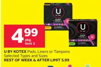 Rexall U BY KOTEX Pads, Liners or Tampons offer