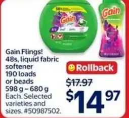 Walmart Gain Flings! 48s, liquid fabric softener 190 loads or beads offer